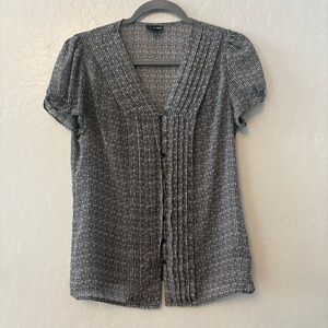 East 5th black and white polka dot semi sheer pleated v-neck blouse medium